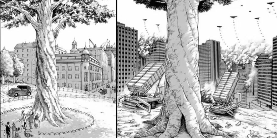 La distruzione di Paradis in una delle pagine finale del Tankōbon de L'attacco dei giganti.